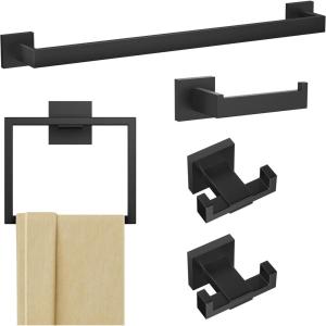 imageFORIOUS 5 Pieces Bathroom Hardware Accessories Set SUS304 Stainless Steel Square 24 inch Bath Towel Holder Bar Set Towel Rack for Bathroom Wall Mounted Matte Black