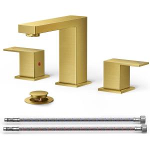 imageFORIOUS 8 Inch Widespread Gold Bathroom Faucet Square 2 Handle Brushed Gold Bathroom Sink Faucet 3 Hole with Metal Drain 24quot CUPC Supply Lines and Spare Aerator Vanity Sink RemodelBrushed Gold