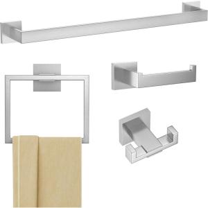 imageFORIOUS Bathroom Accessories Set Brushed Nickel Square Bathroom Hardware Set 24 inch Silver Towel Bar Set SUS304 Stainless Steel Towel Holder Set for Bathroom Wall Towel Rack Set 4 Pieces
