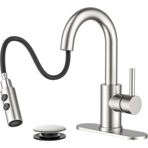 imageFORIOUS Bathroom Faucet 1 Hole with Pull Down Sprayer 3 Hole Brushed Nickel Bathroom Sink Faucet with Pop Up Drain for RV Bar Laundry Vanity Utility Sink Remodel Single Handle DesignStainless Steel