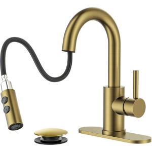 imageFORIOUS Bathroom Faucet 1 Hole with Pull Down Sprayer 3 Hole Brushed Nickel Bathroom Sink Faucet with Pop Up Drain for RV Bar Laundry Vanity Utility Sink Remodel Single Handle DesignBrushed Gold