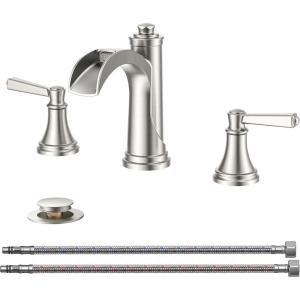 imageFORIOUS Black Bathroom Faucet 3 Hole 2 Handle Brass 8 Inch Widespread Matte Black Bathroom Sink Faucet Waterfall with Popup Drain and CUPC Flexible Hoses Vanity Tap 3 HolesBrushed Silver