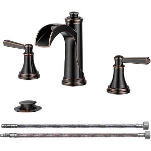 imageFORIOUS Black Bathroom Faucet 3 Hole 2 Handle Brass 8 Inch Widespread Matte Black Bathroom Sink Faucet Waterfall with Popup Drain and CUPC Flexible Hoses Vanity Tap 3 HolesOil Rubbed Bronze