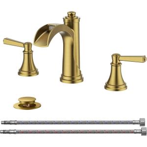 imageFORIOUS Black Bathroom Faucet 3 Hole 2 Handle Brass 8 Inch Widespread Matte Black Bathroom Sink Faucet Waterfall with Popup Drain and CUPC Flexible Hoses Vanity Tap 3 HolesBrushed Gold