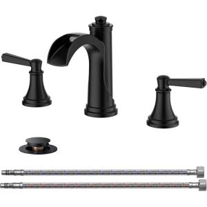 imageFORIOUS Black Bathroom Faucet 3 Hole 2 Handle Brass 8 Inch Widespread Matte Black Bathroom Sink Faucet Waterfall with Popup Drain and CUPC Flexible Hoses Vanity Tap 3 HolesMatte Black