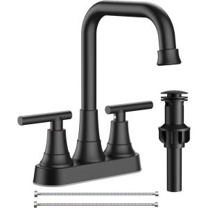 imageFORIOUS Black Bathroom Faucet for Sink 3 HoleWidespread Matte Black Bathroom Sink Faucets2 Handles RV Bathroom Faucets Vanity with Pop Up Drain and Supply HosesMatte Black