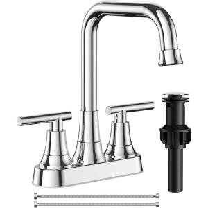 imageFORIOUS Black Bathroom Faucet for Sink 3 HoleWidespread Matte Black Bathroom Sink Faucets2 Handles RV Bathroom Faucets Vanity with Pop Up Drain and Supply HosesChrome