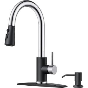imageFORIOUS Black Kitchen Faucet with Soap Dispenser and Pull Down Sprayer Bar High Arc Single Handle Classic 3 Modes Stainless Steel Faucet for Kitchen Sink Farmhouse RV Laundry CamperBlackChrome