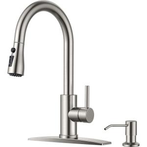 imageFORIOUS Black Kitchen Faucet with Soap Dispenser and Pull Down Sprayer Bar High Arc Single Handle Classic 3 Modes Stainless Steel Faucet for Kitchen Sink Farmhouse RV Laundry CamperStainless Steel