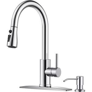 imageFORIOUS Black Kitchen Faucet with Soap Dispenser and Pull Down Sprayer Bar High Arc Single Handle Classic 3 Modes Stainless Steel Faucet for Kitchen Sink Farmhouse RV Laundry CamperChrome