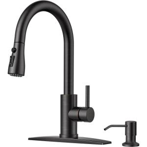 imageFORIOUS Black Kitchen Faucet with Soap Dispenser and Pull Down Sprayer Bar High Arc Single Handle Classic 3 Modes Stainless Steel Faucet for Kitchen Sink Farmhouse RV Laundry CamperOil Rubbed Bronze
