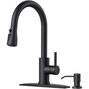 imageFORIOUS Black Kitchen Faucet with Soap Dispenser and Pull Down Sprayer Bar High Arc Single Handle Classic 3 Modes Stainless Steel Faucet for Kitchen Sink Farmhouse RV Laundry CamperMatte Black