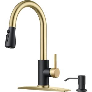 imageFORIOUS Black Kitchen Faucet with Soap Dispenser and Pull Down Sprayer Bar High Arc Single Handle Classic 3 Modes Stainless Steel Faucet for Kitchen Sink Farmhouse RV Laundry CamperBlackGold
