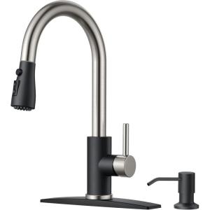 imageFORIOUS Black Kitchen Faucet with Soap Dispenser and Pull Down Sprayer Bar High Arc Single Handle Classic 3 Modes Stainless Steel Faucet for Kitchen Sink Farmhouse RV Laundry CamperBlackBrushed