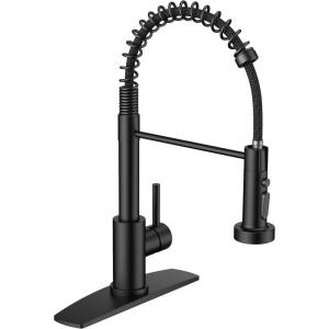imageFORIOUS Black Kitchen Sink Faucet with Sprayer Stainless Steel Bar Faucet Single Handle with Deck Plate Commercial Pull Out Faucet for Kitchen Sink Farmhouse Bar RV CamperMatte Black