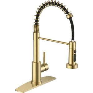 imageFORIOUS Black Kitchen Sink Faucet with Sprayer Stainless Steel Bar Faucet Single Handle with Deck Plate Commercial Pull Out Faucet for Kitchen Sink Farmhouse Bar RV CamperGold
