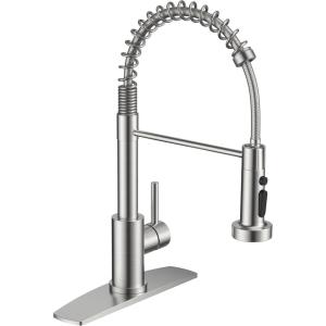 imageFORIOUS Black Kitchen Sink Faucet with Sprayer Stainless Steel Bar Faucet Single Handle with Deck Plate Commercial Pull Out Faucet for Kitchen Sink Farmhouse Bar RV CamperStainless Steel