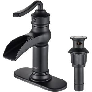 imageFORIOUS Black and Brushed Nickel Waterfall Bathroom Faucet 1 Hole Single Handle Antique Bathroom Sink Faucet with Deck Plate CUPC Hose and Metal Popup Drain for Farmhouse Lavatory VanityMatte Black