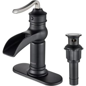 imageFORIOUS Black and Brushed Nickel Waterfall Bathroom Faucet 1 Hole Single Handle Antique Bathroom Sink Faucet with Deck Plate CUPC Hose and Metal Popup Drain for Farmhouse Lavatory VanityBlackBrushed Nickel