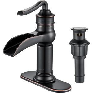imageFORIOUS Black and Brushed Nickel Waterfall Bathroom Faucet 1 Hole Single Handle Antique Bathroom Sink Faucet with Deck Plate CUPC Hose and Metal Popup Drain for Farmhouse Lavatory VanityOil Rubbed Bronze