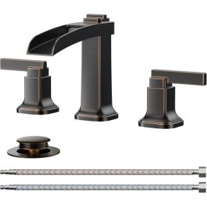 imageFORIOUS Brass Matte Black Commercial Bathroom Faucets 3 Hole Waterfall Modern Widespread 8 Inch Bathroom Sink Faucet with Metal Popup Drain and PreAssembled Hose for Vanity RestroomBathtubOil Rubbed Bronze
