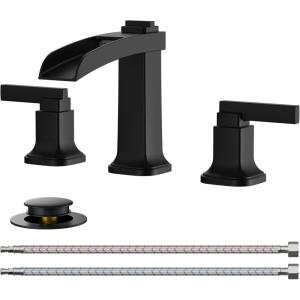 imageFORIOUS Brass Matte Black Commercial Bathroom Faucets 3 Hole Waterfall Modern Widespread 8 Inch Bathroom Sink Faucet with Metal Popup Drain and PreAssembled Hose for Vanity RestroomBathtubMatte Black