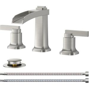 imageFORIOUS Brass Matte Black Commercial Bathroom Faucets 3 Hole Waterfall Modern Widespread 8 Inch Bathroom Sink Faucet with Metal Popup Drain and PreAssembled Hose for Vanity RestroomBathtubStainless Steel