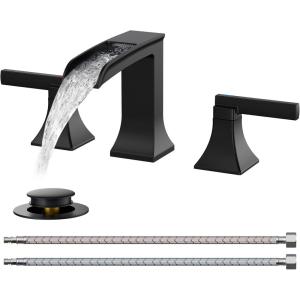 imageFORIOUS Brass Waterfall Bathroom Faucet for Sink 3 Hole 2 Handle Square 8 Inch Matte Black Bathroom Faucet Widespread with Popup Drain and CUPC Flexible Hoses VanityMatte Black