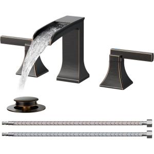 imageFORIOUS Brass Waterfall Bathroom Faucet for Sink 3 Hole 2 Handle Square 8 Inch Matte Black Bathroom Faucet Widespread with Popup Drain and CUPC Flexible Hoses VanityOil Rubbed Bronze
