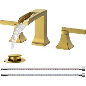 imageFORIOUS Brass Waterfall Bathroom Faucet for Sink 3 Hole 2 Handle Square 8 Inch Matte Black Bathroom Faucet Widespread with Popup Drain and CUPC Flexible Hoses VanityBrushed Gold