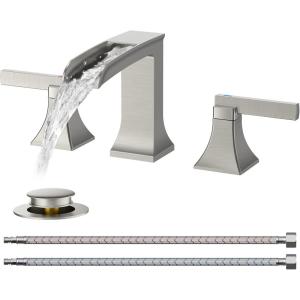 imageFORIOUS Brass Waterfall Bathroom Faucet for Sink 3 Hole 2 Handle Square 8 Inch Matte Black Bathroom Faucet Widespread with Popup Drain and CUPC Flexible Hoses VanityBrushed Silver