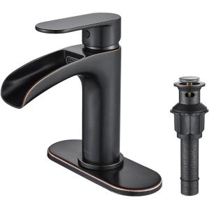 imageFORIOUS Brushed Gold Brass Vessel Sink Faucet Single Handle 11quot Tall Waterfall Bathroom Sink Faucet 1 Hole with Metal Popup Drain and UPC Hose for Vanity RV RestroomOil Rubbed Bronze
