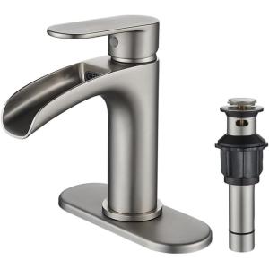 imageFORIOUS Brushed Gold Brass Vessel Sink Faucet Single Handle 11quot Tall Waterfall Bathroom Sink Faucet 1 Hole with Metal Popup Drain and UPC Hose for Vanity RV RestroomStainless Steel