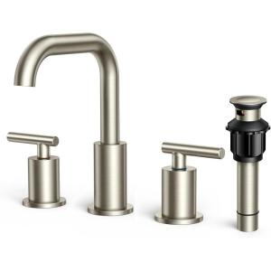 imageFORIOUS Brushed Nickel 8 Inch Widespread Bathroom Faucet for 3 Hole Sink 2 Handles 360 Swivel Bathroom Sink Faucet with Pop Up Drain and Hoses for Vanity Restroom RV LavatoryBrushed Nickel