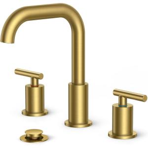 imageFORIOUS Brushed Nickel 8 Inch Widespread Bathroom Faucet for 3 Hole Sink 2 Handles 360 Swivel Bathroom Sink Faucet with Pop Up Drain and Hoses for Vanity Restroom RV LavatoryGold