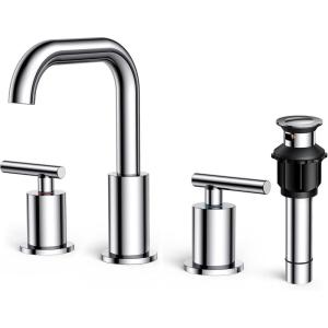 imageFORIOUS Brushed Nickel 8 Inch Widespread Bathroom Faucet for 3 Hole Sink 2 Handles 360 Swivel Bathroom Sink Faucet with Pop Up Drain and Hoses for Vanity Restroom RV LavatoryChrome