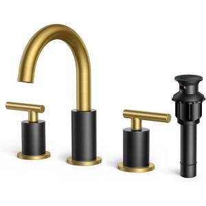 imageFORIOUS Brushed Nickel Bathroom Faucet 3 Hole Vanity with Metal Pop Up Drain and 24quot Supply Lines 2 Handle 8 Inch Widespread Faucet for Bathroom Sink 3 Hole Brushed Nickel with 360 Swivel SpoutBlackGold