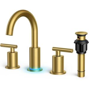 imageFORIOUS Brushed Nickel Bathroom Faucet 3 Hole Vanity with Metal Pop Up Drain and 24quot Supply Lines 2 Handle 8 Inch Widespread Faucet for Bathroom Sink 3 Hole Brushed Nickel with 360 Swivel SpoutBrushed Gold