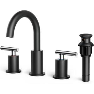 imageFORIOUS Brushed Nickel Bathroom Faucet 3 Hole Vanity with Metal Pop Up Drain and 24quot Supply Lines 2 Handle 8 Inch Widespread Faucet for Bathroom Sink 3 Hole Brushed Nickel with 360 Swivel SpoutChromeBlack