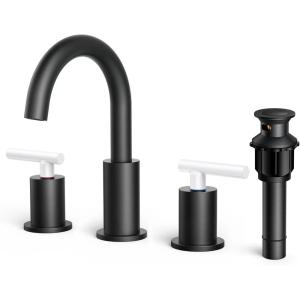 imageFORIOUS Brushed Nickel Bathroom Faucet 3 Hole Vanity with Metal Pop Up Drain and 24quot Supply Lines 2 Handle 8 Inch Widespread Faucet for Bathroom Sink 3 Hole Brushed Nickel with 360 Swivel SpoutBlackWhite