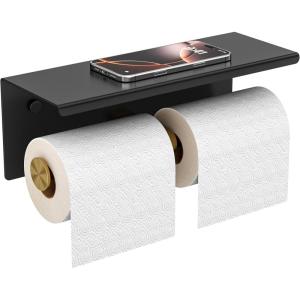 imageFORIOUS Double Toilet Paper Holder with Shelf Wall Mount Tissue Roll Holder for Bathroom 304 Stainless Steel Commercial Toilet Tissue Dispensers with Phone Shelf 1 Stainless SteelMatte Black  Brushed Gold