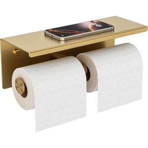 imageFORIOUS Double Toilet Paper Holder with Shelf Wall Mount Tissue Roll Holder for Bathroom 304 Stainless Steel Commercial Toilet Tissue Dispensers with Phone Shelf 1 Stainless SteelBrushed Gold