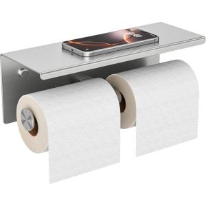 imageFORIOUS Double Toilet Paper Holder with Shelf Wall Mount Tissue Roll Holder for Bathroom 304 Stainless Steel Commercial Toilet Tissue Dispensers with Phone Shelf 1 Stainless SteelStainless Steel