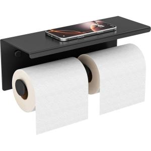 imageFORIOUS Double Toilet Paper Holder with Shelf Wall Mount Tissue Roll Holder for Bathroom 304 Stainless Steel Commercial Toilet Tissue Dispensers with Phone Shelf 1 Stainless SteelMatte Black