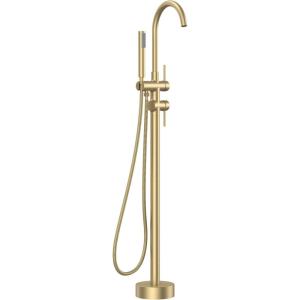 imageFORIOUS Free Standing Tub Faucet Tub Filler Freestanding Bathtub Filler Floor Mount Brass Bath Shower Faucets Standing with High Flow Swivel Spout and Handheld Shower Mixer Taps Brushed GoldBrushed Gold