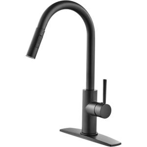 imageFORIOUS Gold Kitchen Faucet with Pull Down Sprayer Brushed Brass High Arc Gooseneck Modern Sink Faucet with CUPC Ceramic Cartridge Single Handle Stainless Steel and Deck PlateMatte Black
