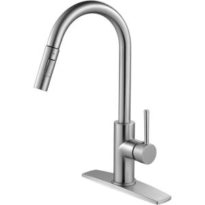 imageFORIOUS Gold Kitchen Faucet with Pull Down Sprayer Brushed Brass High Arc Gooseneck Modern Sink Faucet with CUPC Ceramic Cartridge Single Handle Stainless Steel and Deck PlateStainless Steel