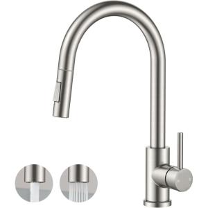 imageFORIOUS Gold Kitchen Faucet with Pull Down Sprayer Classic Single Hole Kitchen Sink Faucet with Deck Plate Single Handle High Arc Stainless Steel Fit for RV Bar Farmhouse Laundry OutdoorStainless Steel