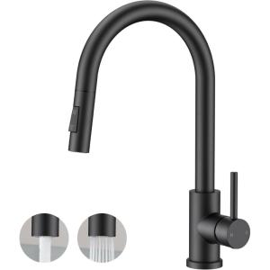 imageFORIOUS Gold Kitchen Faucet with Pull Down Sprayer Classic Single Hole Kitchen Sink Faucet with Deck Plate Single Handle High Arc Stainless Steel Fit for RV Bar Farmhouse Laundry OutdoorMatte Black