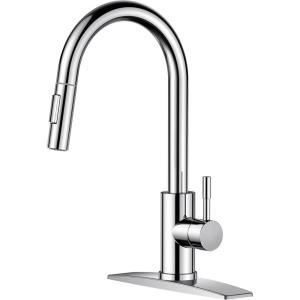 imageFORIOUS Kitchen Faucet with Pull Down Sprayer Brushed Nickel High Arc Modern Classic Sink Faucet Stainless Steel with Deck Plate Fit for 1 or 3 Hole for Pot Filler Bar Farmhouse Laundry RvChrome